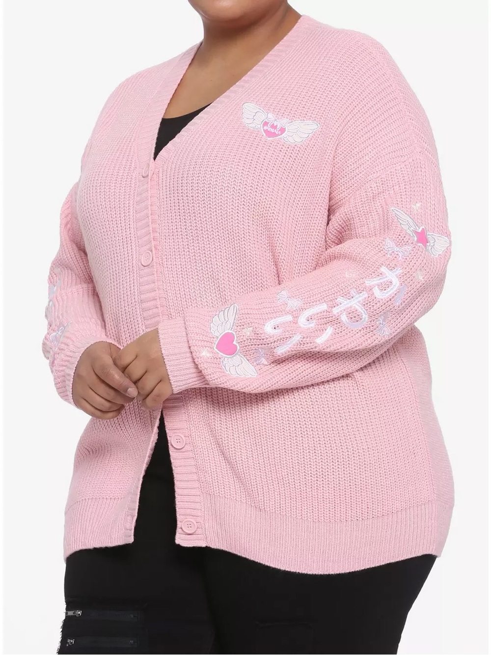 Plus Size Kawaii Pink Embroidered Heart Wing Button-Front Cardigan NWT